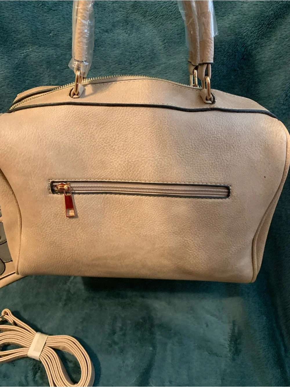 Beige Teddy Applique Satchel Handbag with Wristlet and Strap